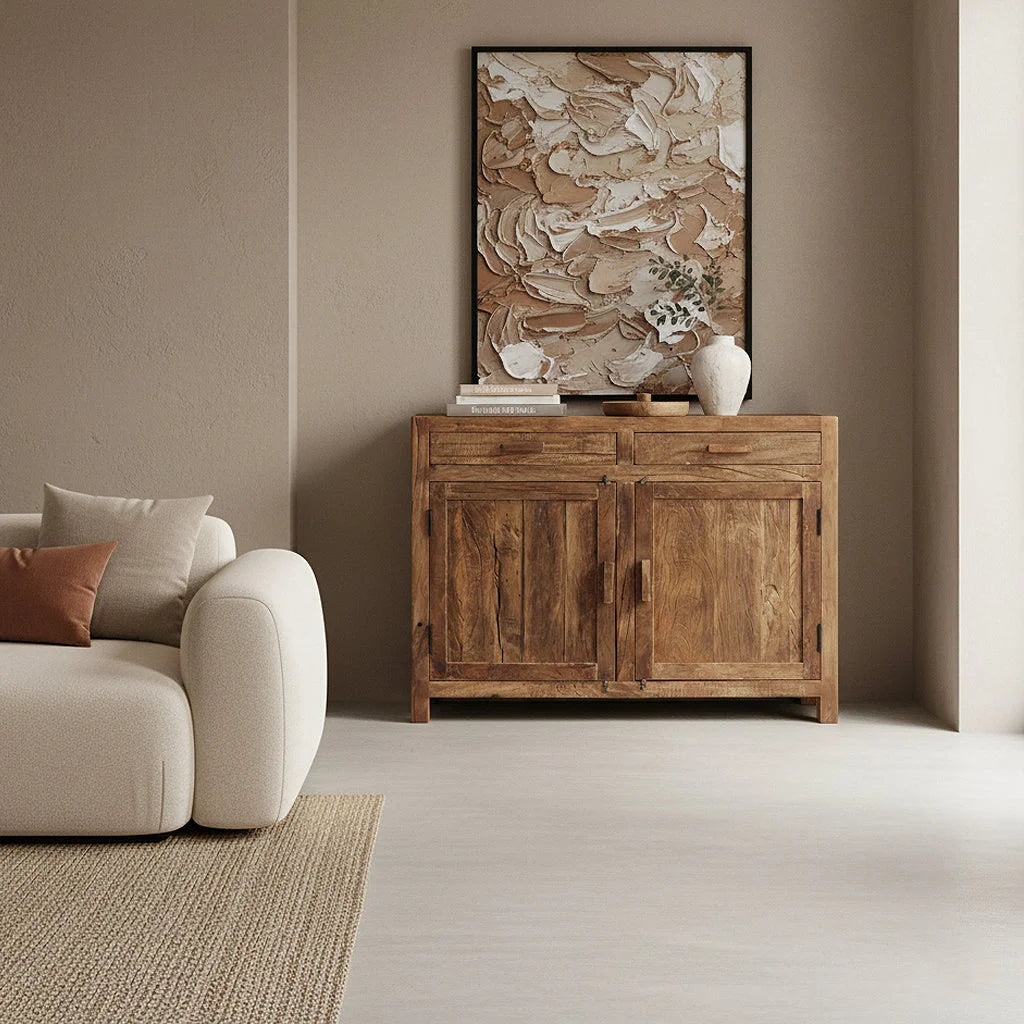 Buffet bois recyclé 2 portes 2 tiroirs rustique 120x38 cm