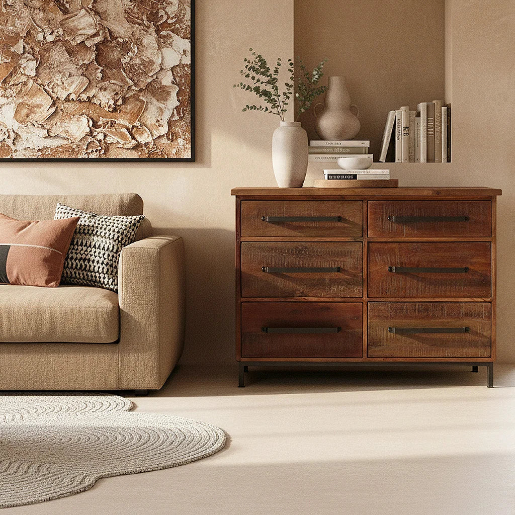 Buffet en bois recyclé brun à 6 tiroirs, poignées métal, 116x46 cm