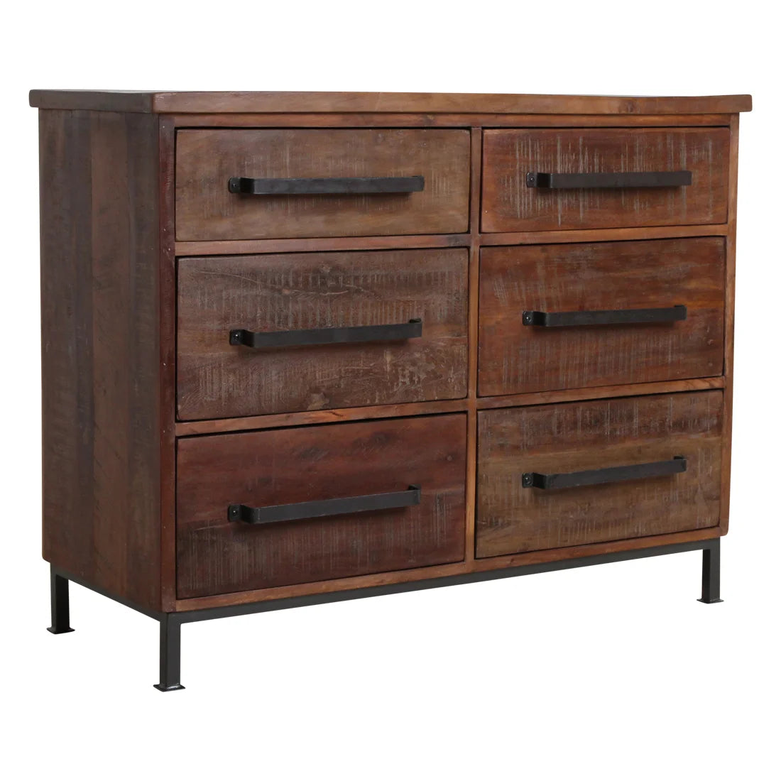 Buffet en bois recyclé brun à 6 tiroirs, poignées métal, 116x46 cm