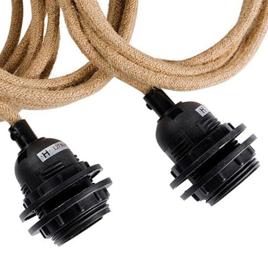 Deux douilles noires avec câble tressé en coton beige pour suspension élégante