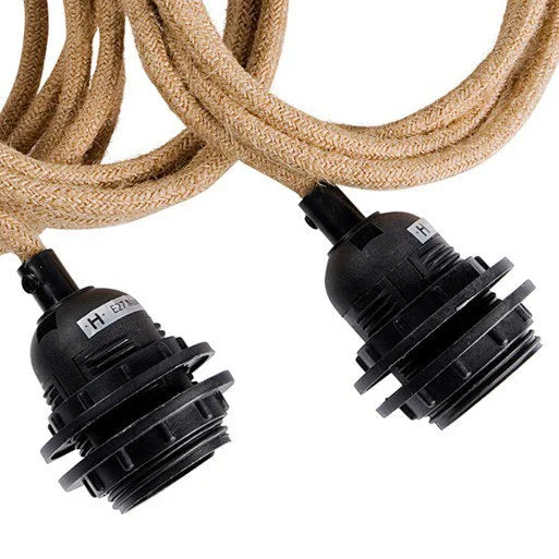 Deux douilles noires avec câble tressé en coton beige pour suspension élégante