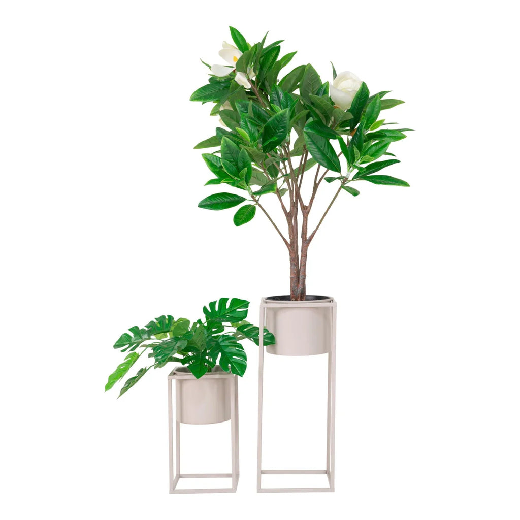 Arbre magnolia artificiel en cache-pot cylindrique métal beige gris H31 cm