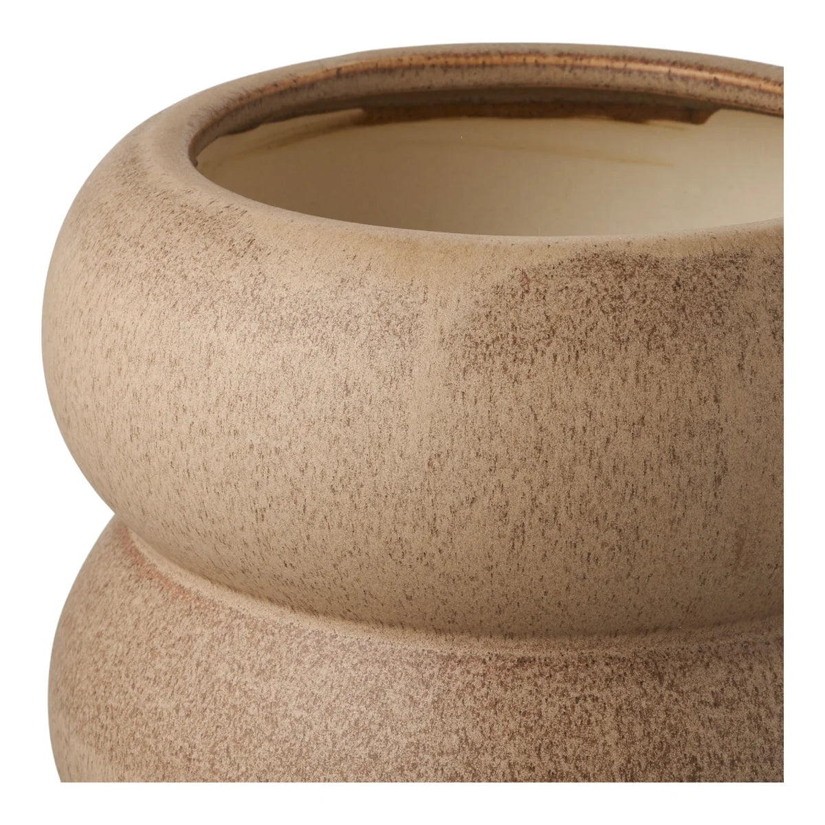 Cache-pot en grès beige moucheté avec profil arrondi et texture élégante