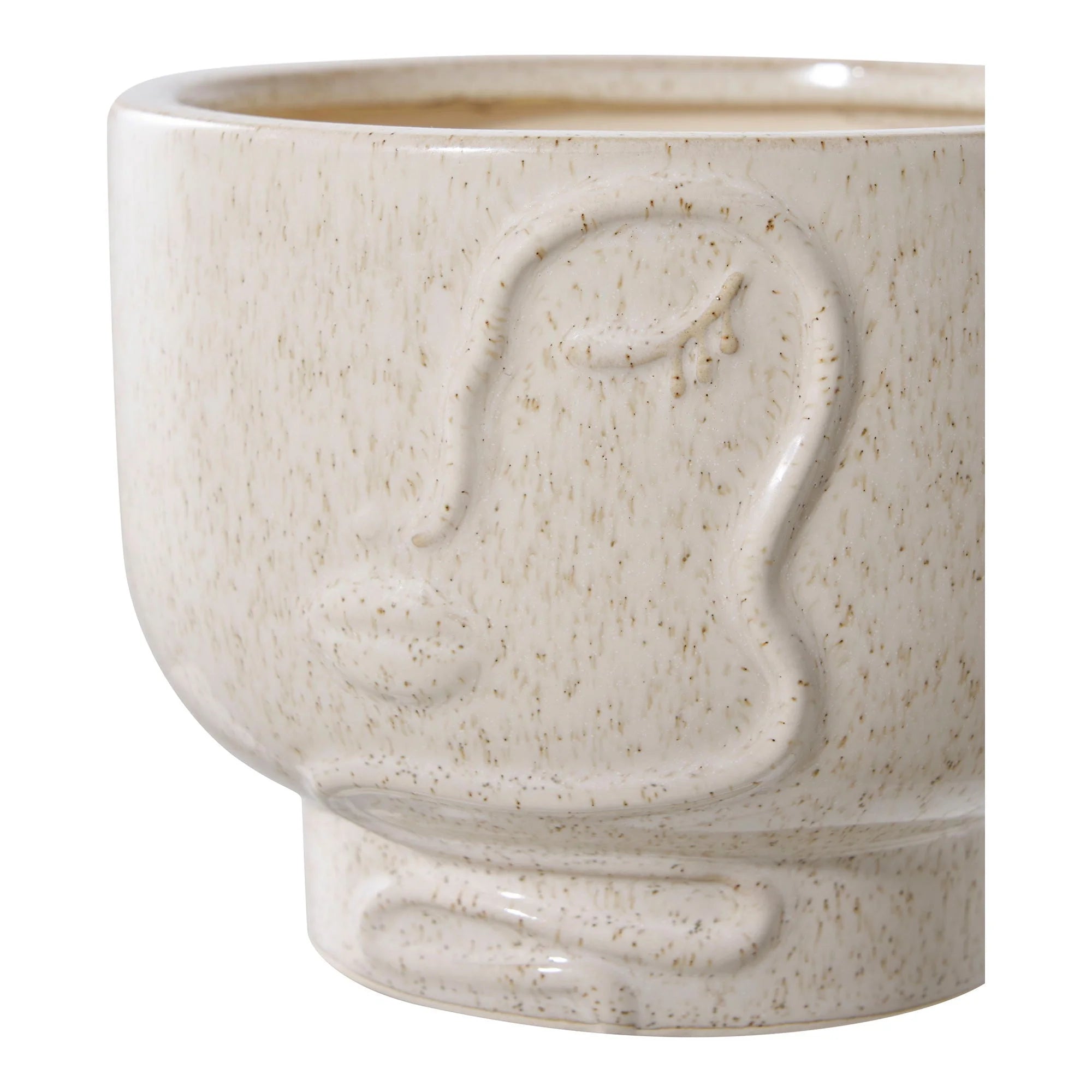 Cache-pot rond en céramique beige mouchetée avec visage en relief, design abstrait