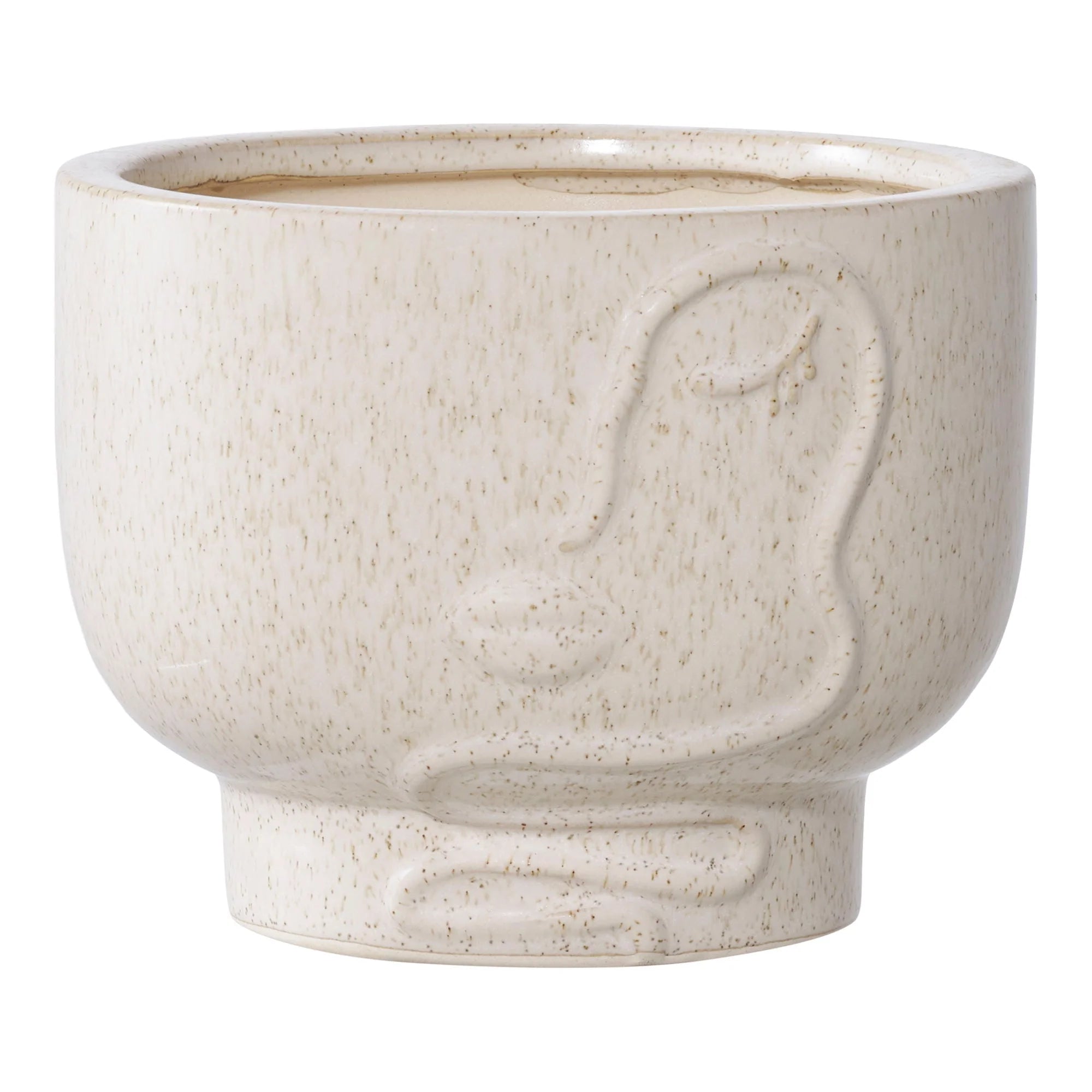 Cache-pot en céramique beige mouchetée avec visage en relief, parfait pour vos plantes