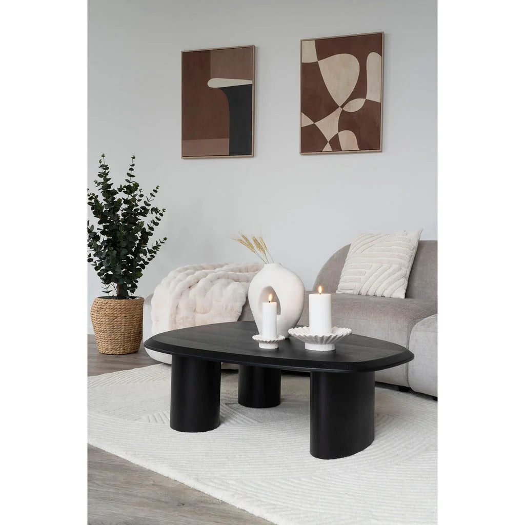 Table basse en bois noir oval avec deux jambes solides et courbées