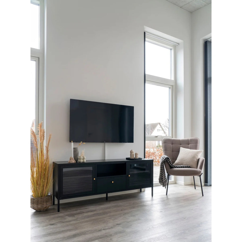 Console média noire avec portes vitrées et poignées dorées