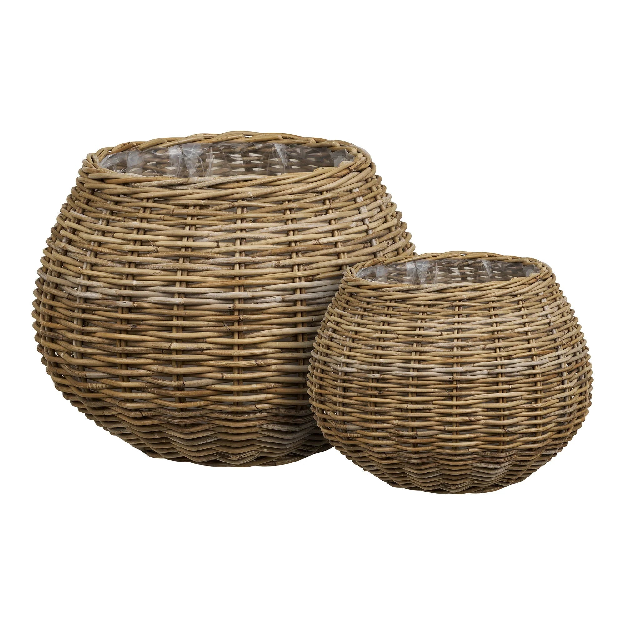 Set de 2 cache-pots ronds en rotin tressé naturel avec doublure imperméable