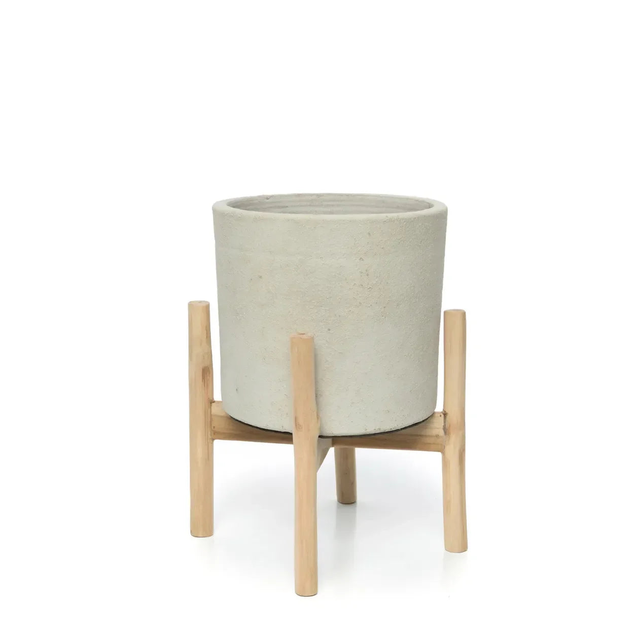 Cache-pot en terre cuite et teck sur support en bois, H36 cm, béton naturel