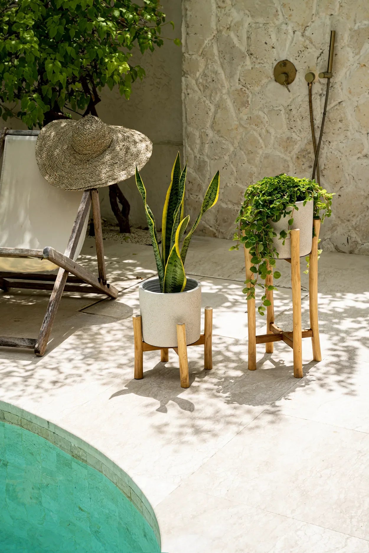 Patio extérieur avec plantes dans un cache-pot en terre cuite et teck H36 cm béton naturel