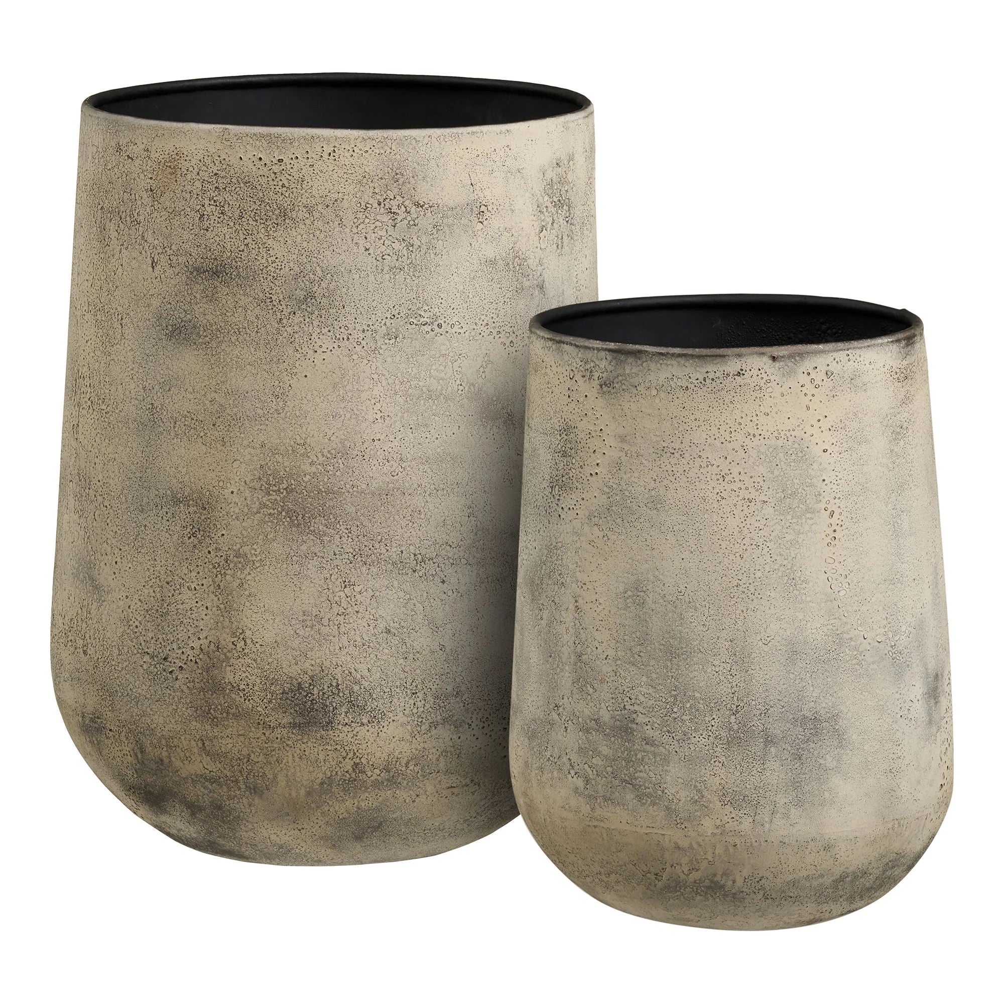 Lot de 2 cache-pots en métal effet béton beige grisé, intérieur noir texturé