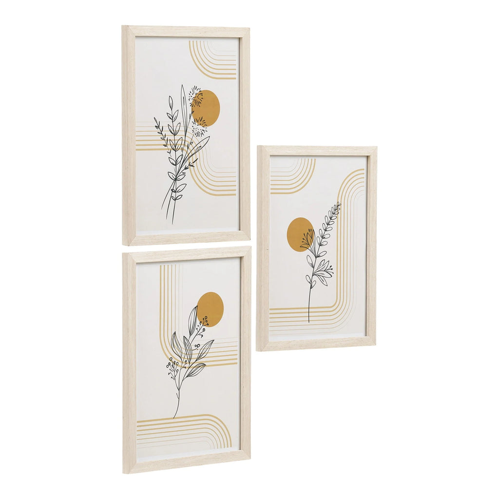 Set de 3 cadres déco murale bois clair avec motifs botaniques dorés