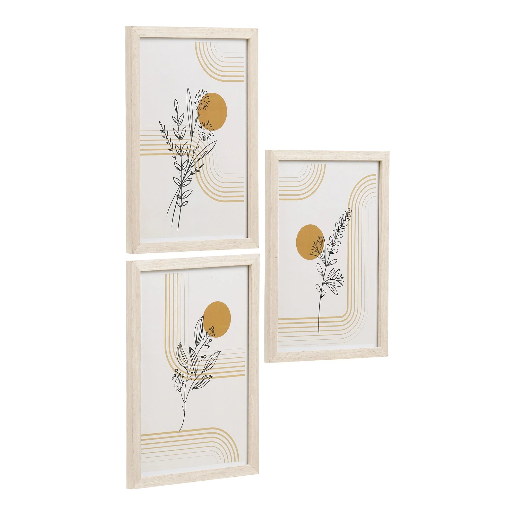 Set de 3 cadres déco murale bois clair avec motifs botaniques dorés