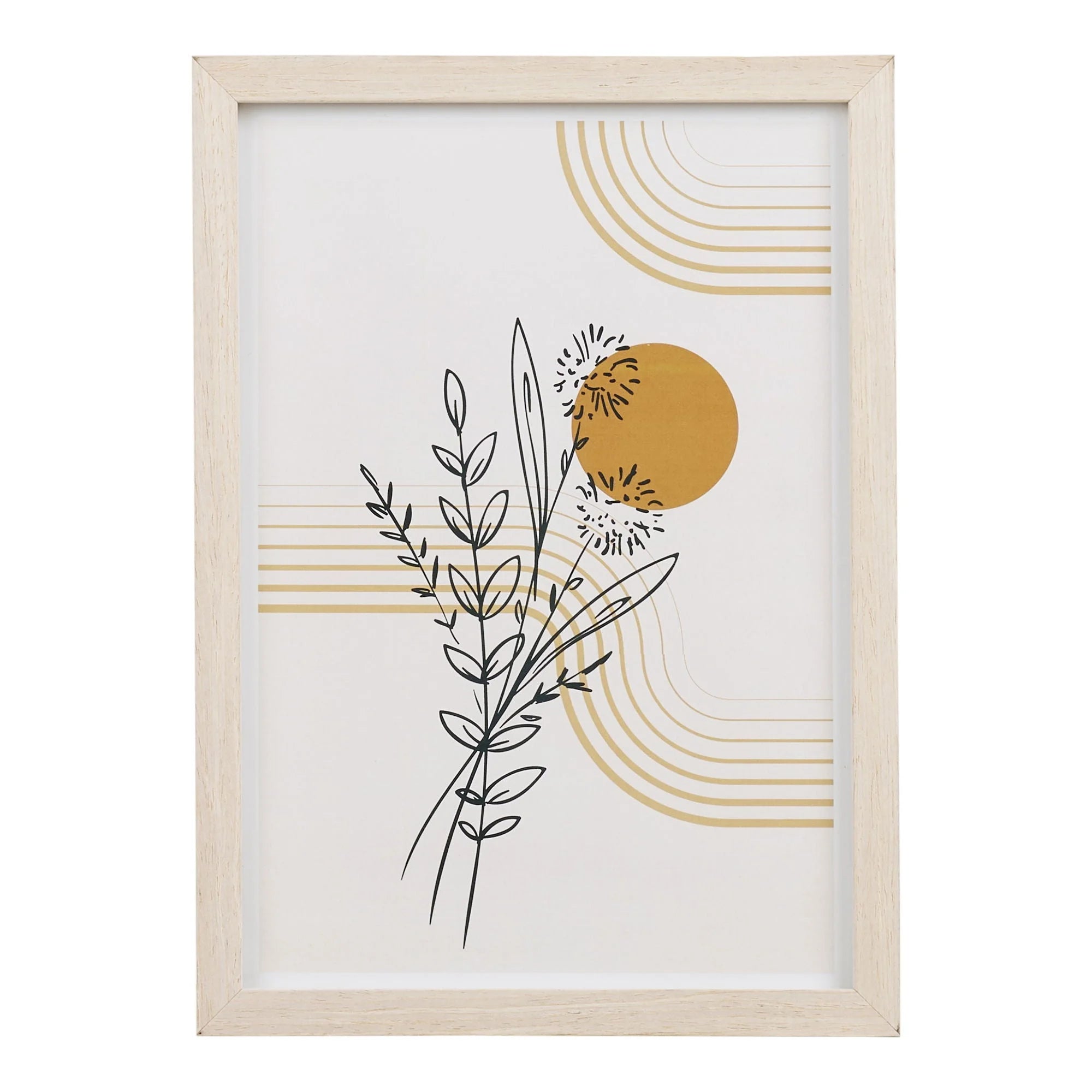 Cadres déco murale en bois clair avec motifs graphiques et botaniques dorés – Set de 3