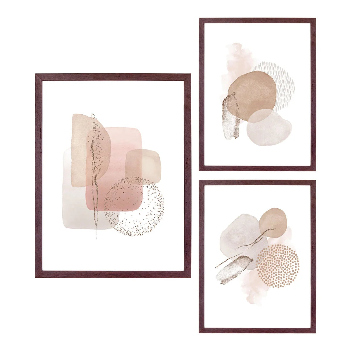 Lot de 3 cadres photo MDF marron foncé A4, art abstrait rose poudré et beige