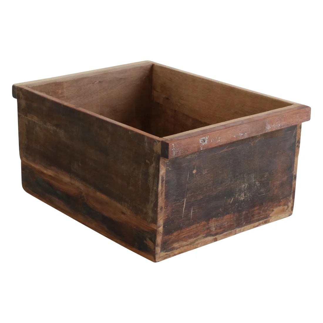 Caisse de rangement en bois recyclé brun usé 42x20 cm avec poignées