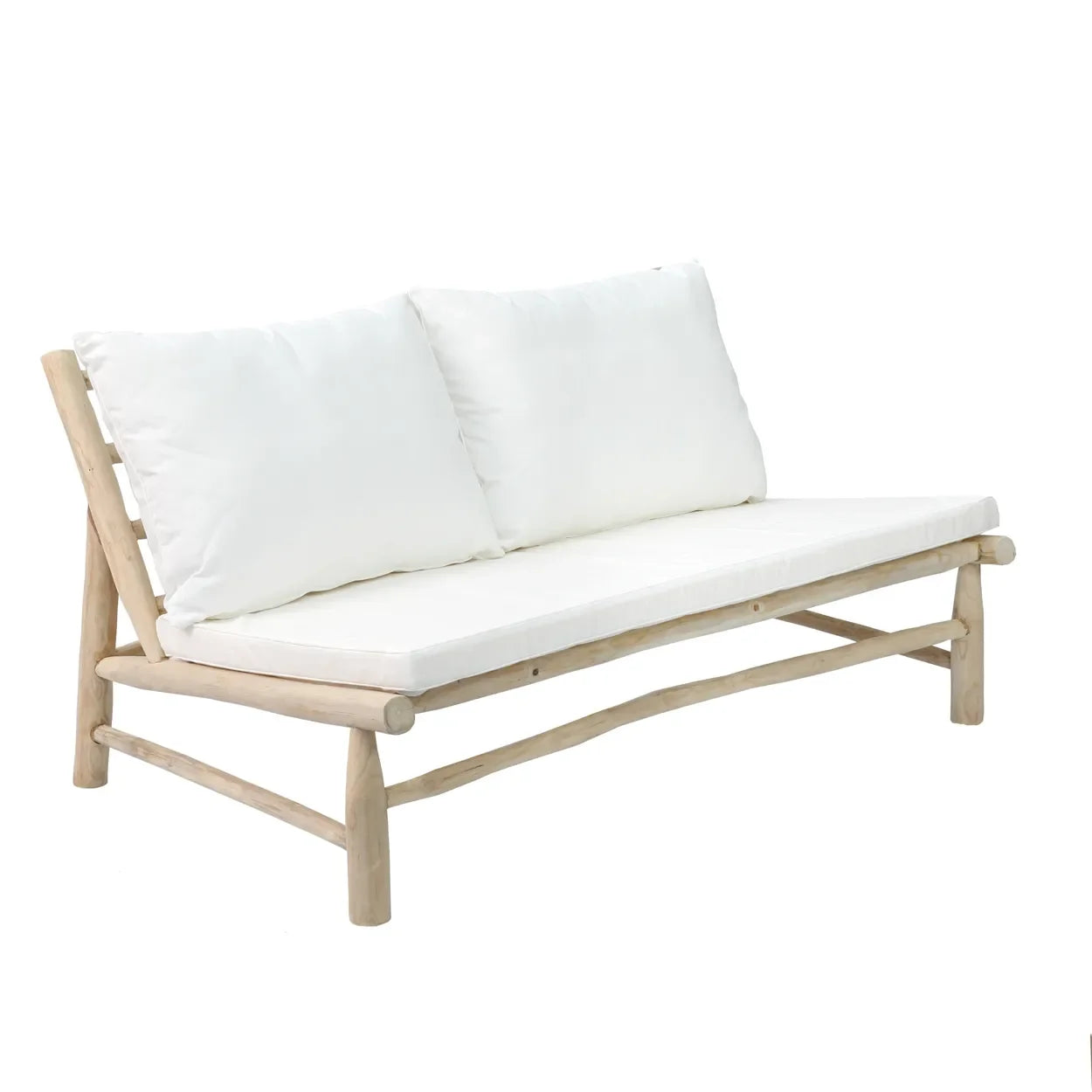Canapé 2 places en teck avec coussins blancs, mobilier extérieur élégant