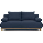 Canapé 3 places en tissu bleu marine avec coffre, base en bois clair, design moderne