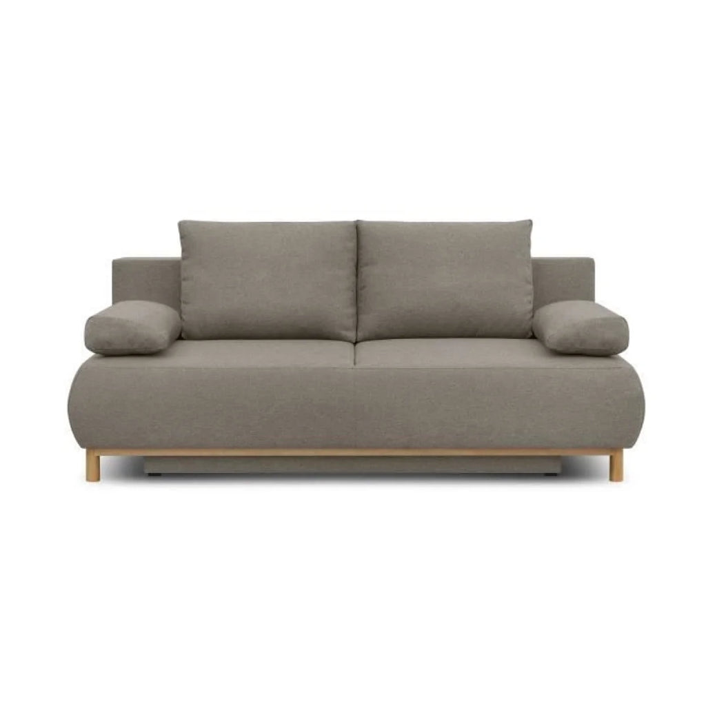 Canapé convertible 3 places en tissu gris taupe avec jambes et accoudoirs en bois clair