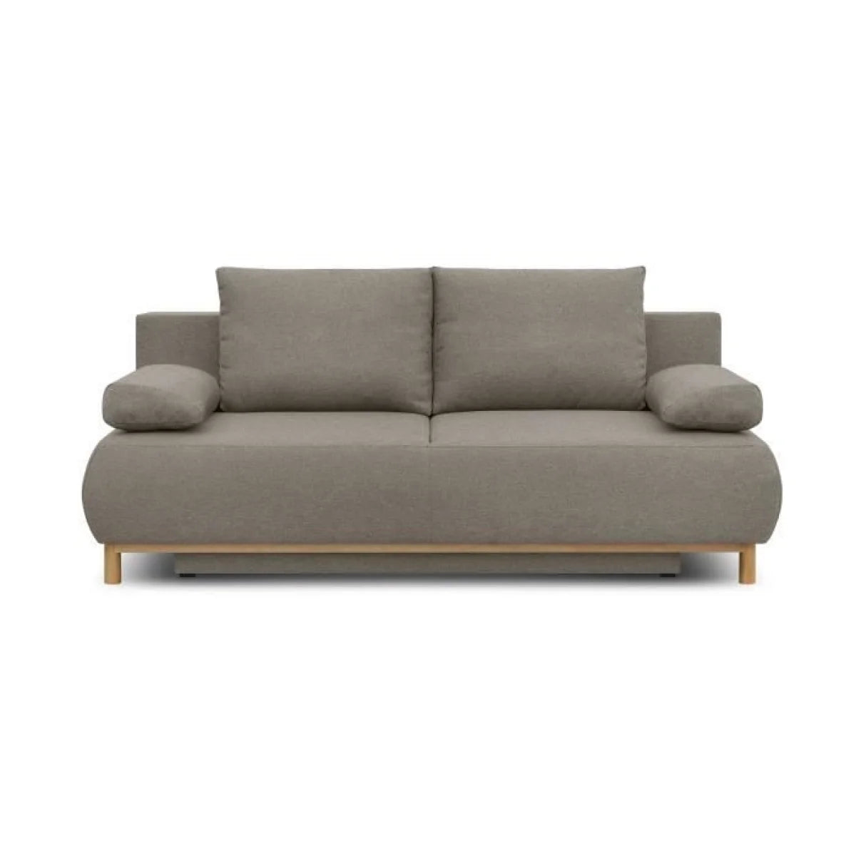 Canapé convertible 3 places en tissu gris taupe avec jambes et accoudoirs en bois clair