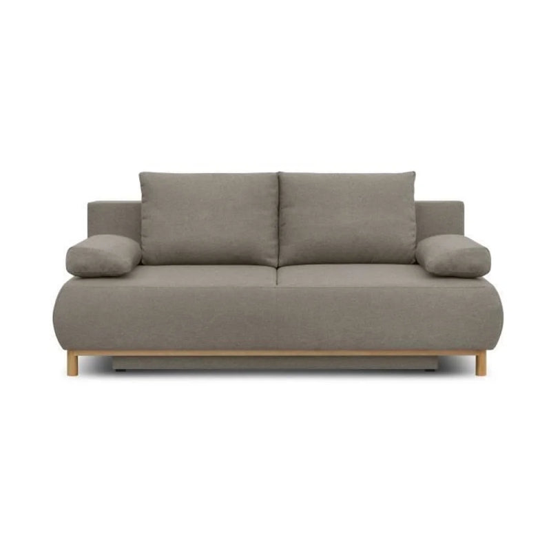 Canapé convertible 3 places tissu gris taupe assise arrondie bois clair