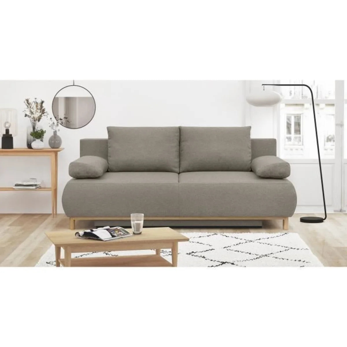 Canapé convertible 3 places en tissu gris taupe avec jambes en bois clair