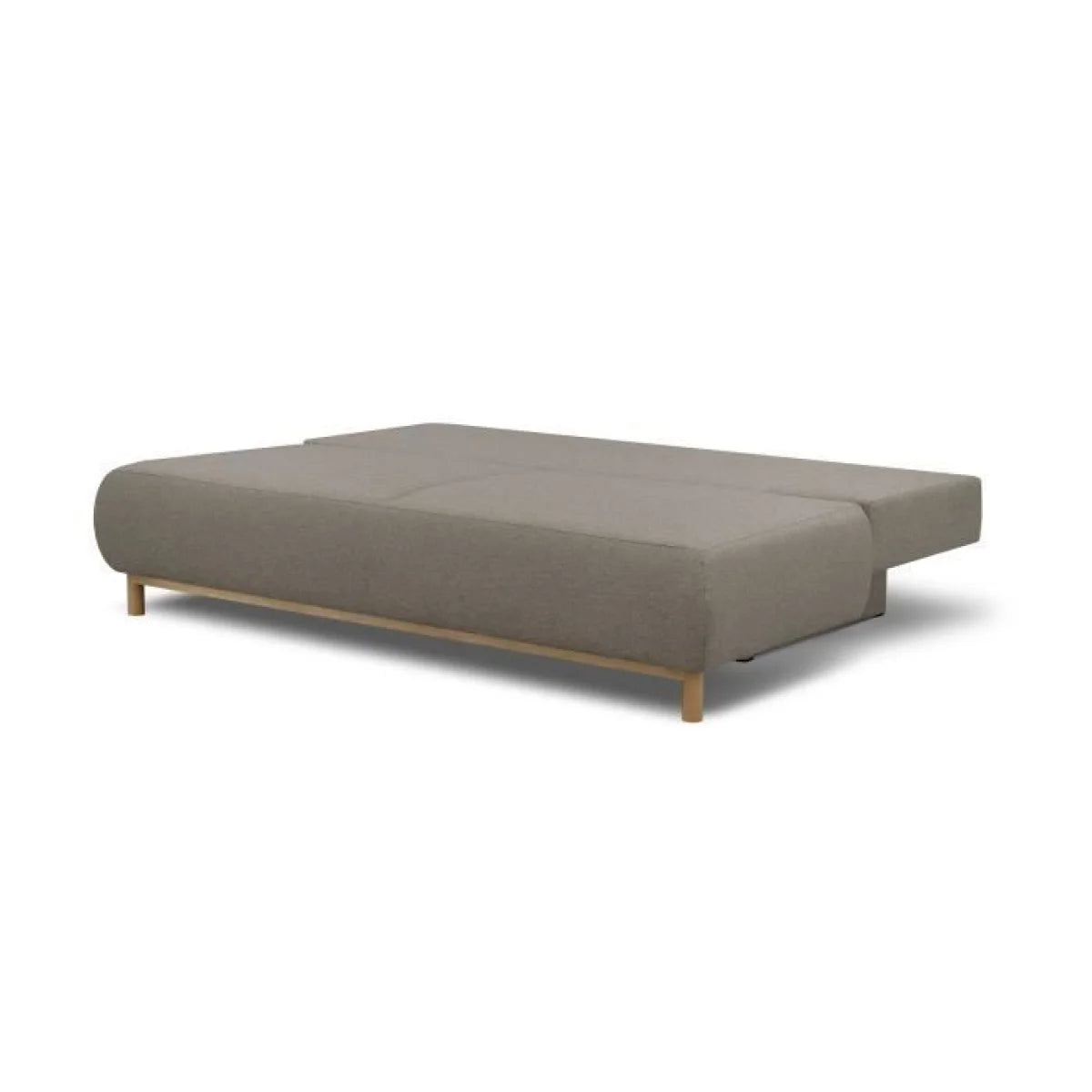 Canapé convertible 3 places en tissu gris taupe avec pieds en bois clair et design minimaliste