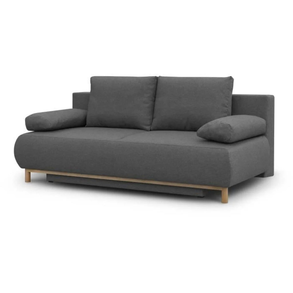 Canapé convertible en tissu gris anthracite avec bois clair, design moderne