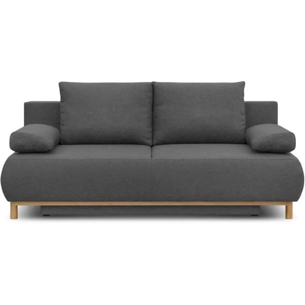 Canapé convertible en tissu gris anthracite avec pieds en bois clair, design moderne