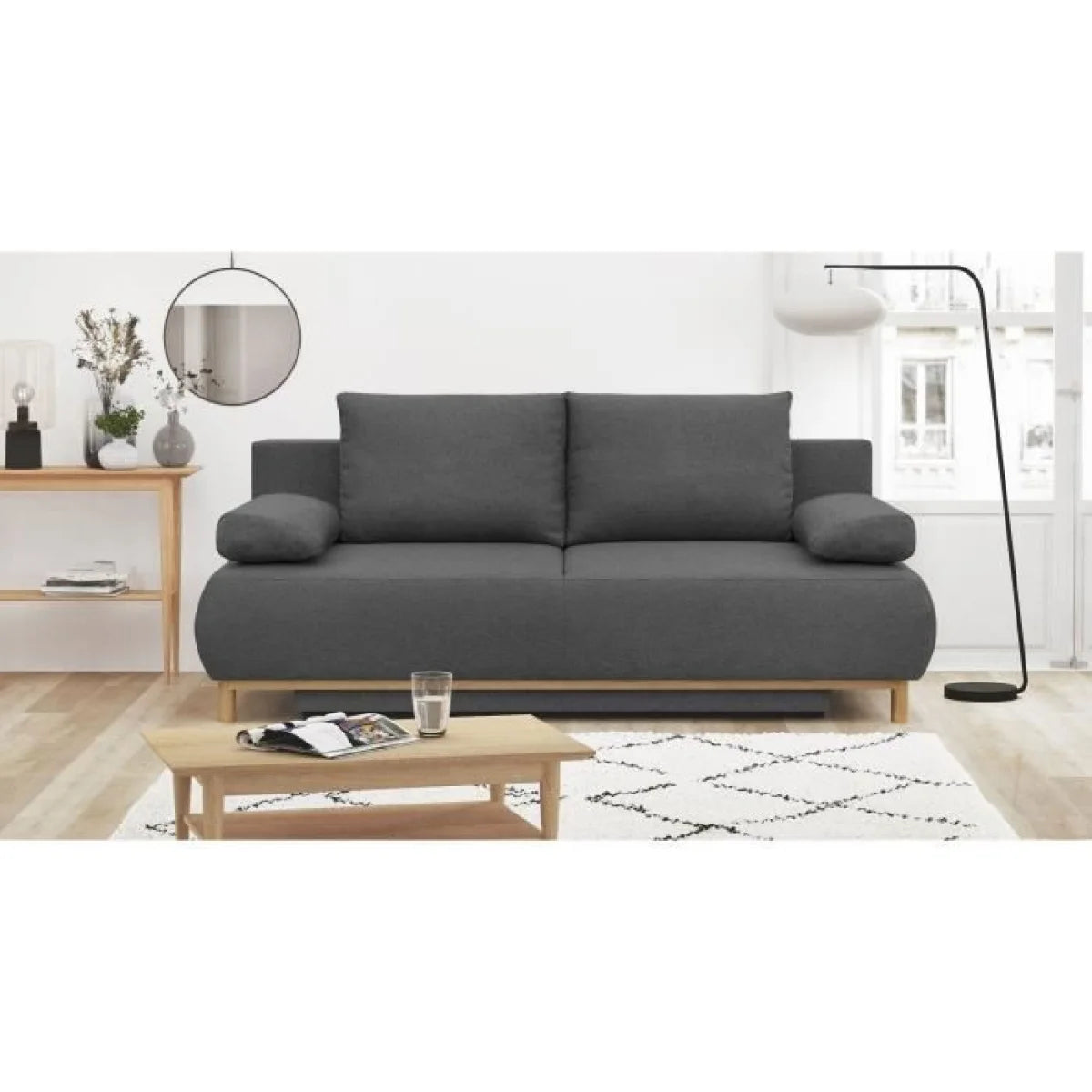 Canapé convertible en tissu gris anthracite avec pieds en bois clair, design minimaliste