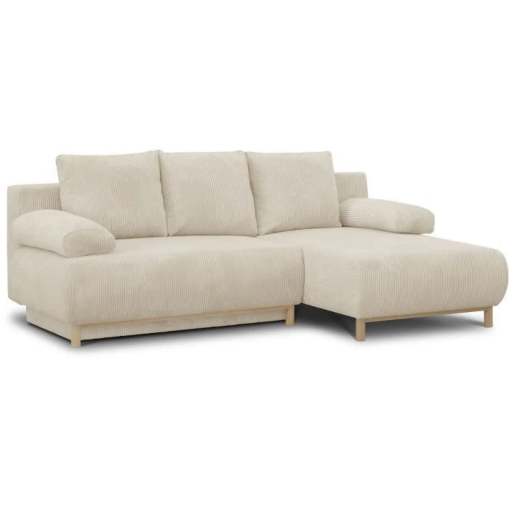 Canapé d’angle 3 places en velours côtelé beige avec méridienne droite