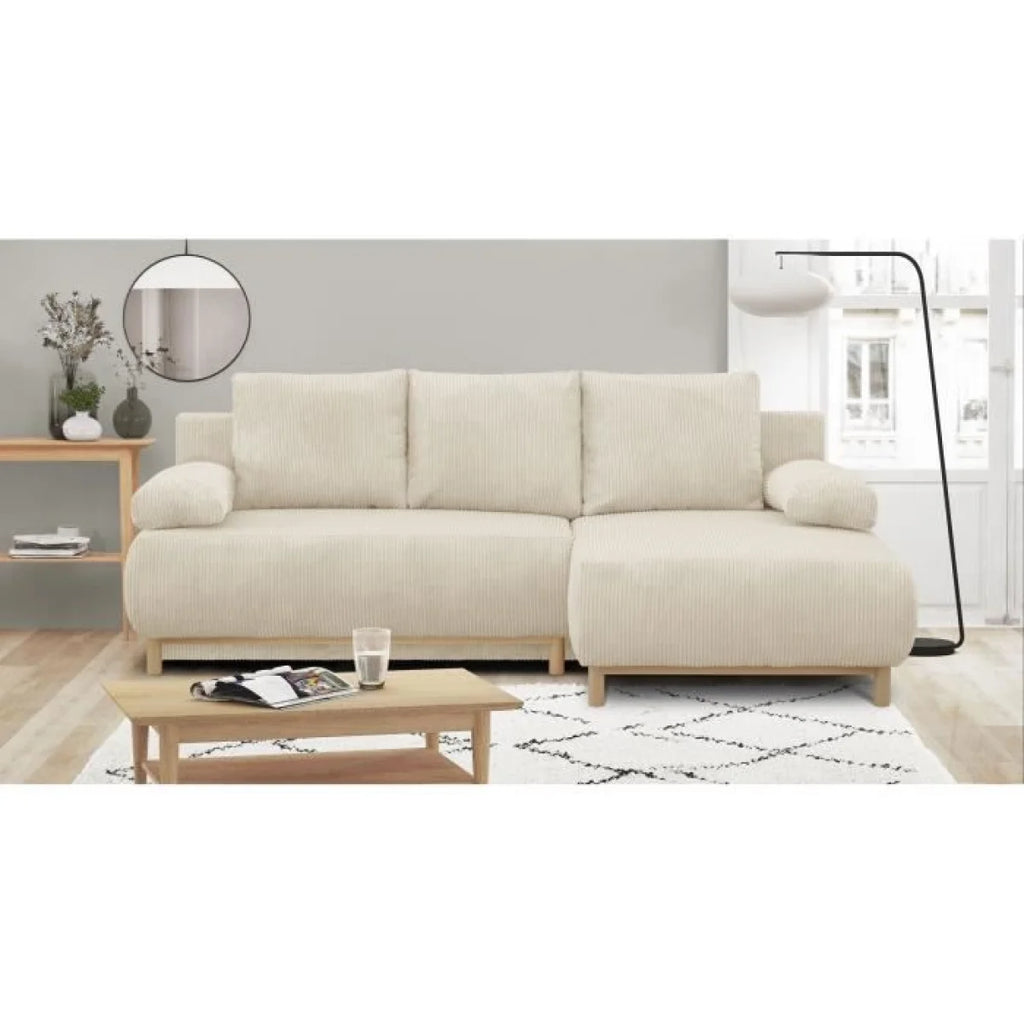 Canapé d’angle 3 places en velours beige avec méridienne droite