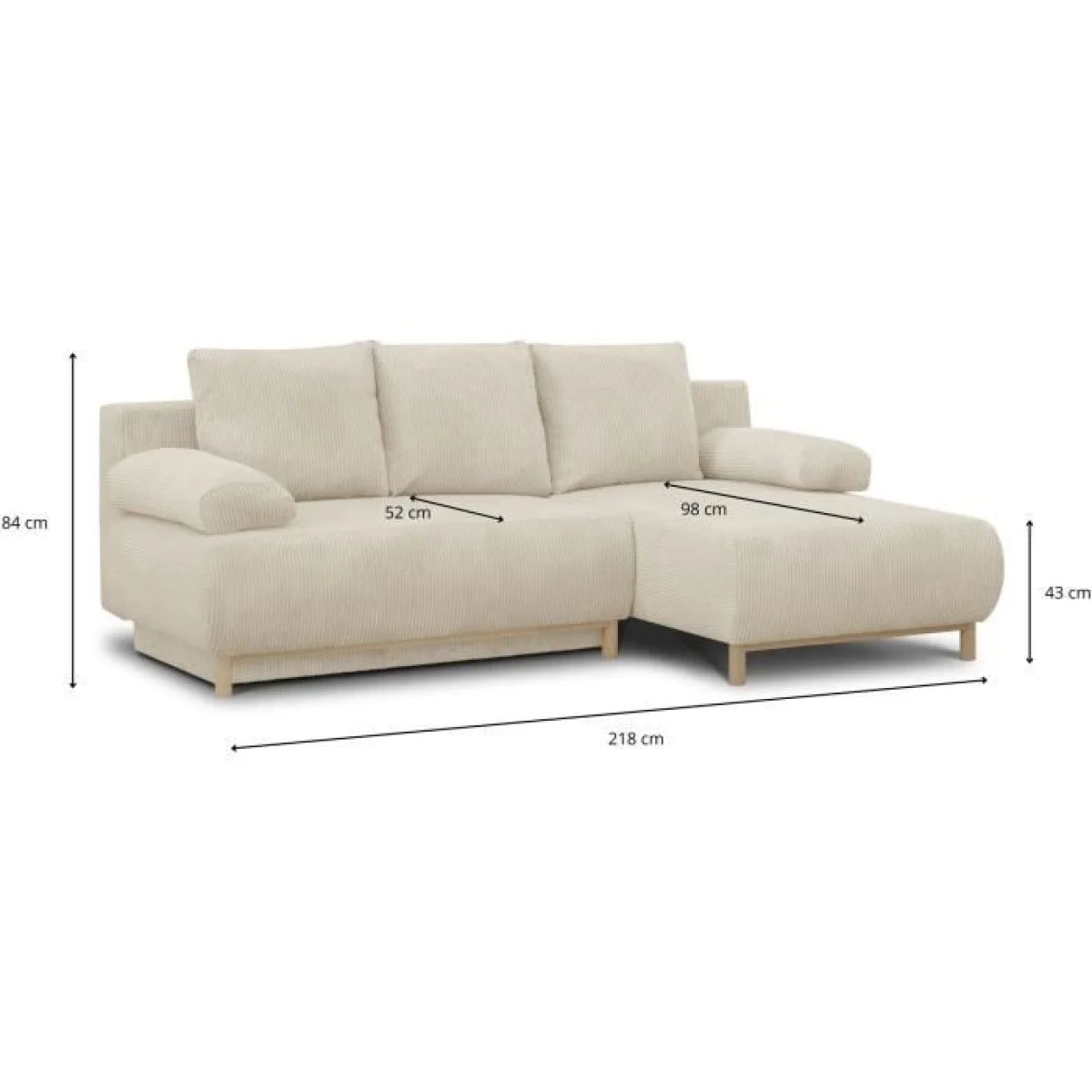 Canapé d’angle 3 places en velours côtelé beige avec méridienne droite