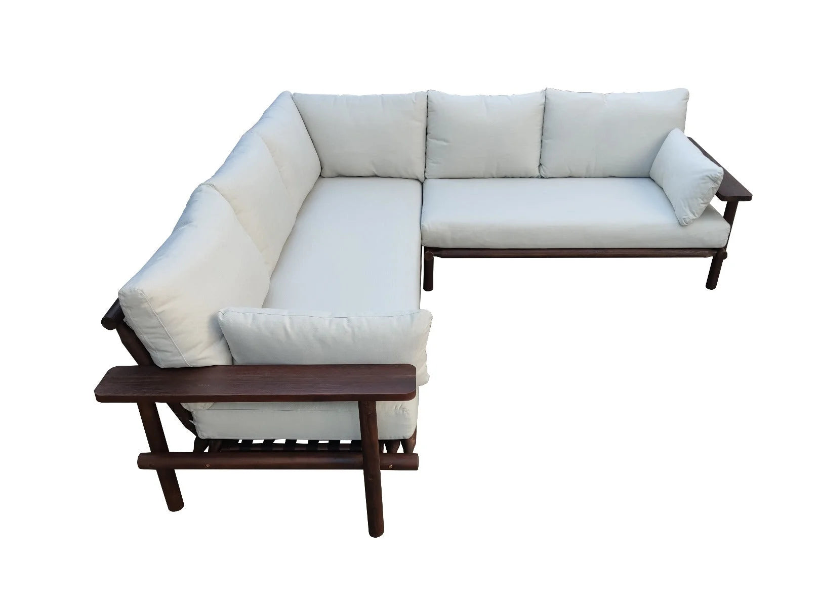 Canapé d’angle extérieur modulaire en acacia foncé avec coussins écru