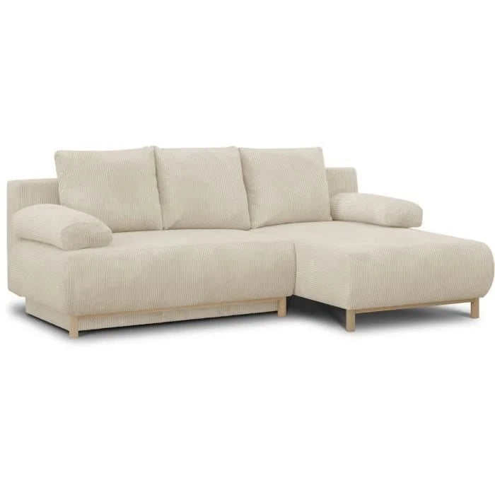 Canapé dangle beige velours côtelé 218x145 cm, pieds bois clair, accoudoirs roulés