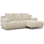 Canapé dangle beige velours côtelé 218x145 cm, pieds bois clair, accoudoirs roulés