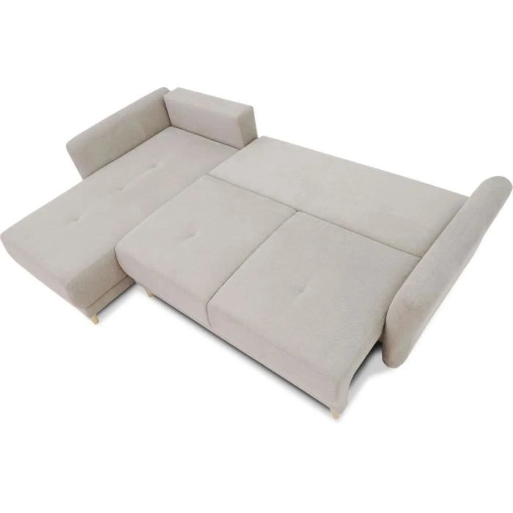 Canapé d’angle convertible en tissu beige avec coffre et méridienne gauche