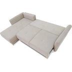 Canapé d’angle convertible en tissu beige avec coffre et méridienne gauche