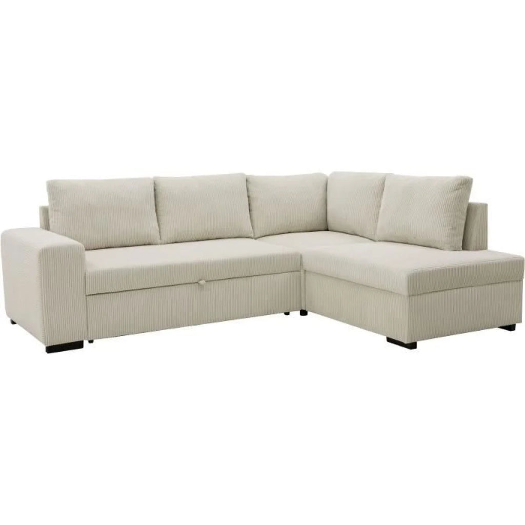 Canapé d’angle beige tissu côtelé, méridienne droite 247x183 cm