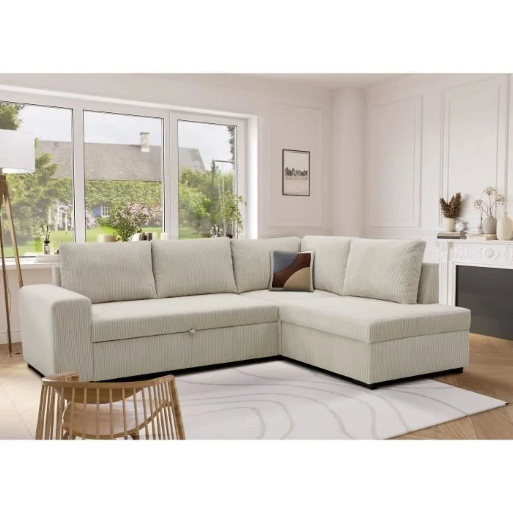 Canapé d’angle convertible beige tissu côtelé 247x183 cm avec rangement