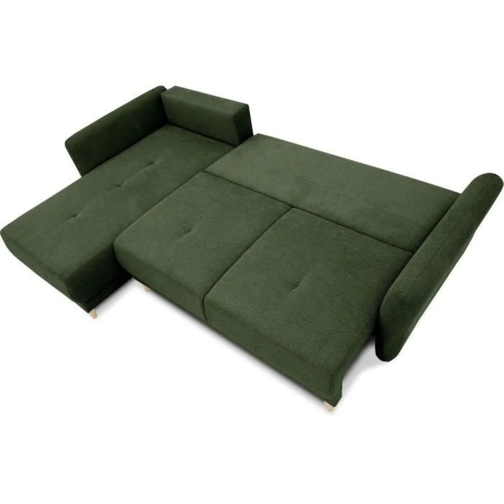 Canapé d’angle convertible vert foncé olive avec méridienne et rangement, 244x158 cm