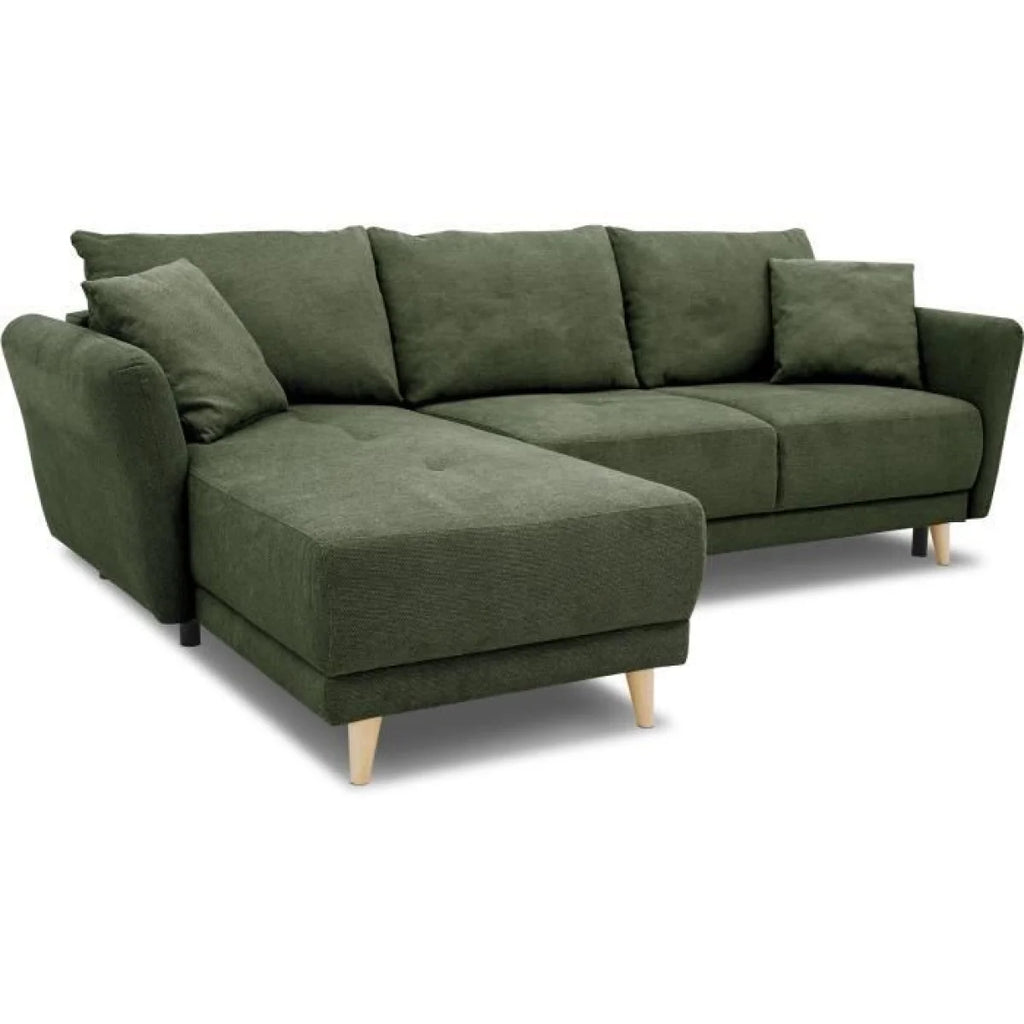 Canapé d’angle convertible vert olive avec coussins moelleux et pieds en bois