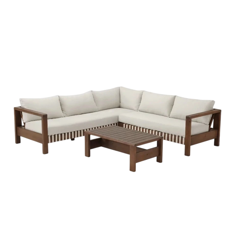 Canapé d’angle extérieur bois foncé et coussins écrus – Set de 3 pièces