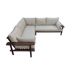 Canapé d’angle L en bois foncé et coussins beige, set de 3 pièces