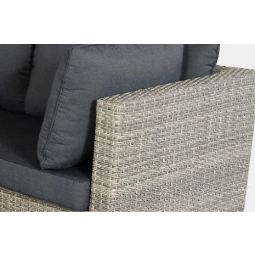 Canapé d’angle extérieur en résine tressée grise avec coussins anthracite