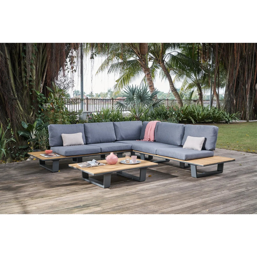 Canapé d’angle de jardin gris anthracite avec tables en bois et pieds métal