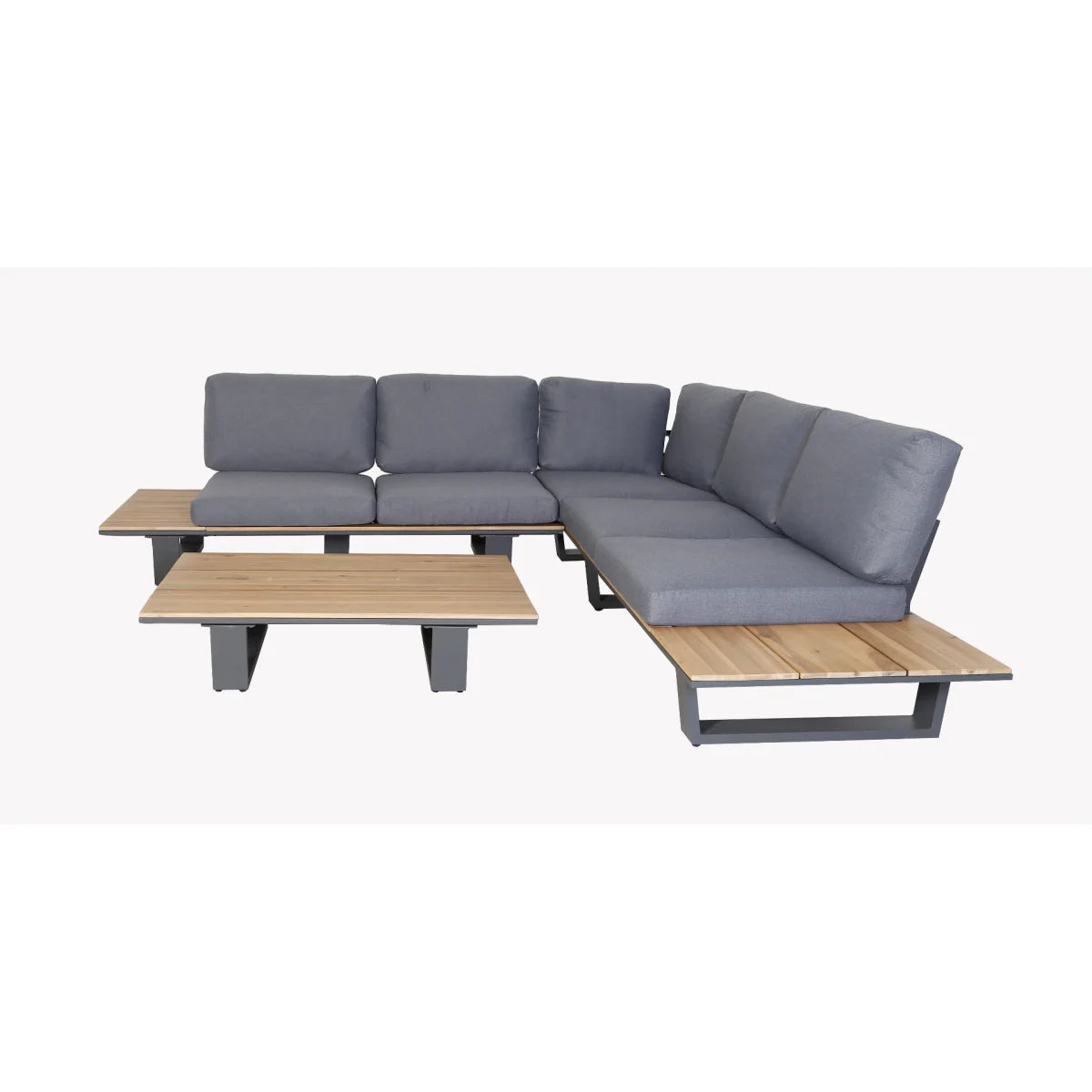 Canapé d’angle jardin métal anthracite bois naturel gris coussins