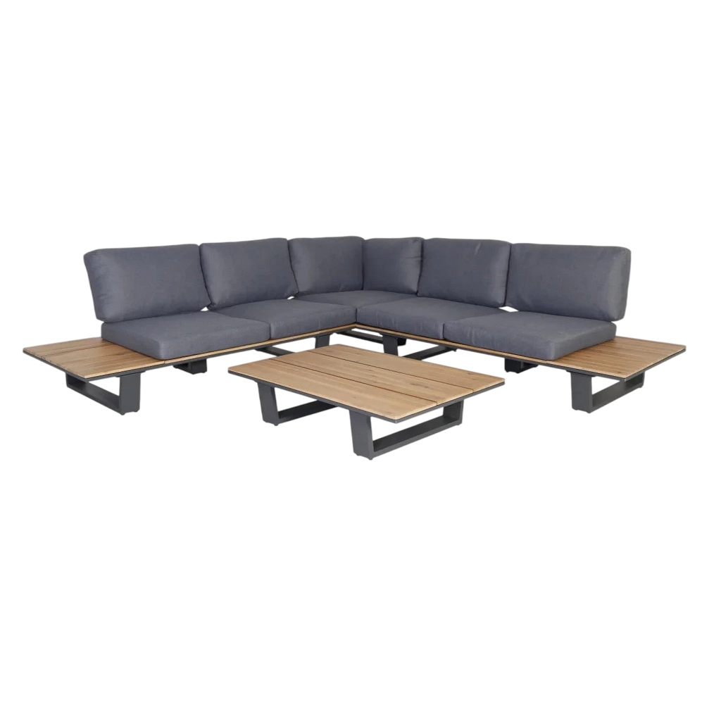 Canapé d’angle jardin métal anthracite bois naturel avec table, set de 3