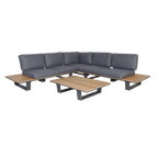 Canapé d’angle jardin métal anthracite bois naturel avec table, set de 3