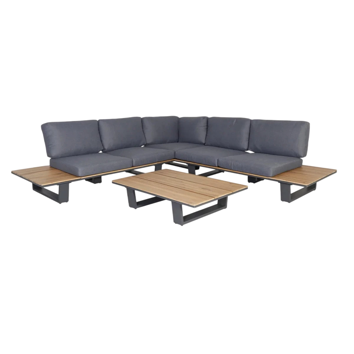 Canapé d’angle jardin métal anthracite bois naturel avec table, set de 3